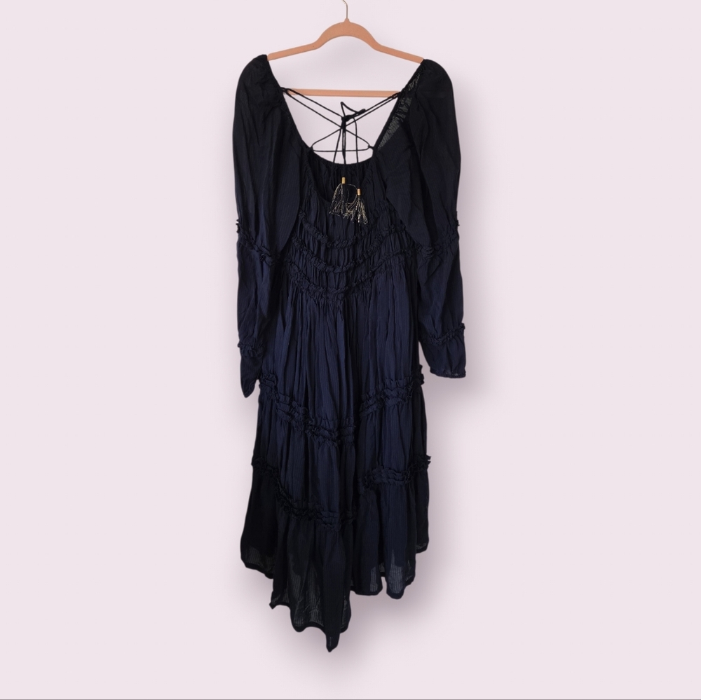 Idyllwind Romantic Ruffle Tiered Midi Dress Navy Blue‎ Lace Up Size M - Picture 4 of 10
